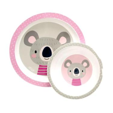 Imagem de Kit Infantil com Prato e Tigela Coala, Rosa e Cinza, Base com Ventosa, 22x22x5 cm, Design Seguro com Pontas Arredondadas, Resistente ao Microondas e Lava-Louças