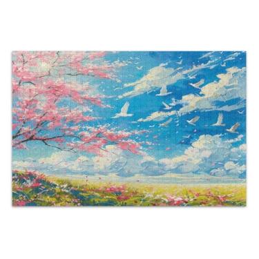 Imagem de Quebra-cabeça de flor de cerejeira voando pássaros no céu 1000 peças para adultos, quebra-cabeças fáceis para adultos com letras nas costas