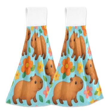 Imagem de Toalhas de mão penduradas azuis de capivaras fofas para cozinha conjunto de toalhas de chá de forno personalizadas com 2 toalhas decorativas de cozinha macias e absorventes, 46 x 35 cm