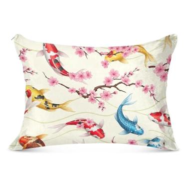 Imagem de Fronha decorativa com zíper e estampa de arte padrão Queen King com estampa de peixe colorido flores rosa, tamanho padrão, 51 x 66 cm