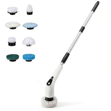 Imagem de Escova de limpeza rotativa elétrica multifuncional, com 8 escovas de limpeza e 5 configurações de velocidade, alças longas e curtas ajustáveis, esfregão elétrico para banheiras, azulejos e pisos de