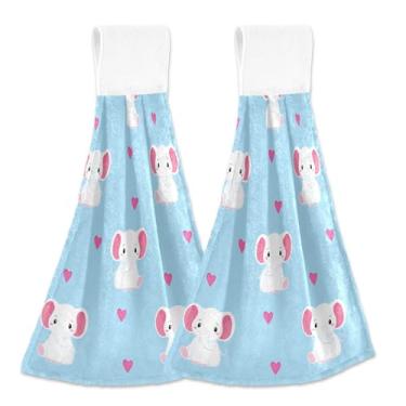 Imagem de Toalhas de cozinha personalizadas de elefante azul com laço de pendurar toalhas de gravata de banheiro absorventes macias e fofas conjunto de 2, 46 x 35 cm