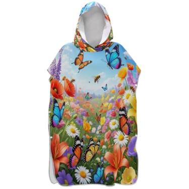 Imagem de Joisal Poncho de surfe trocador roupão adulto praia banho toalhas com capuz reutilizáveis flores primavera borboleta ponchos femininos com capuz