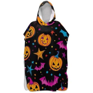 Imagem de Joisal Poncho de surfe trocador de roupão para banho de praia Adul toalhas com capuz absorventes ponchos adultos para mulheres Halloween abóbora morcego preto