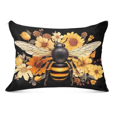 Imagem de Capas de travesseiro de flanela floral de flores de abelha decorativas para travesseiro padrão Queen King Capas de almofadas grandes para cama engraçada, tamanho Queen, 50,8 cm x 76,2 cm