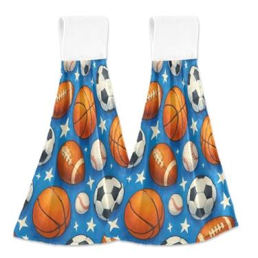 Imagem de Bolas de futebol fofas bolas de basquete toalhas de mão personalizadas azuis com laços para pendurar toalhas de dedo para forno toalhas macias absorventes fofas para casa e cozinha conjunto de 2, 45 x