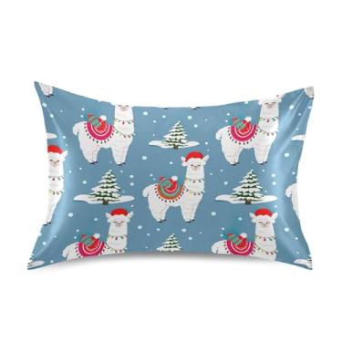 Imagem de Fronhas de cetim estampa refrescante animal king queen padrão fronhas para cama de casa sofá queen tamanho 76.2 cm x 50.8 cm Natal Lhamas Papai Noel azul
