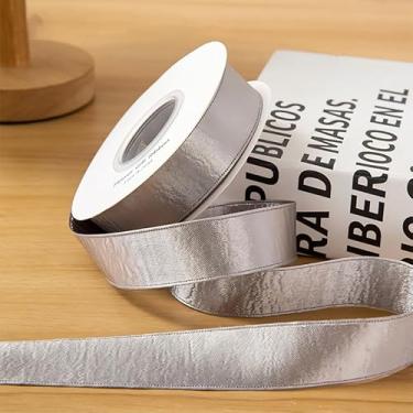Imagem de Fita brilhante de 10 jardas de cetim sólido metálico de 2,5 cm de largura para embrulho de presente DIY decorativo de casamento - 1 rolo (prata)