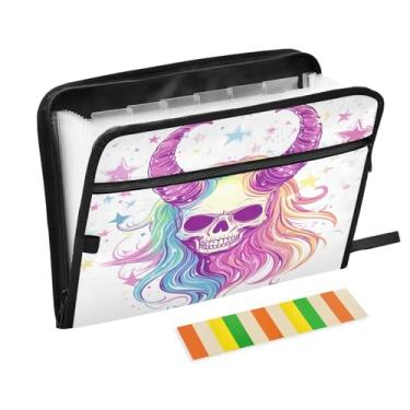 Imagem de Arco-íris caveira chifres rosa pastas de documentos à prova d'água acordeão organizador de pastas com zíper e etiquetas