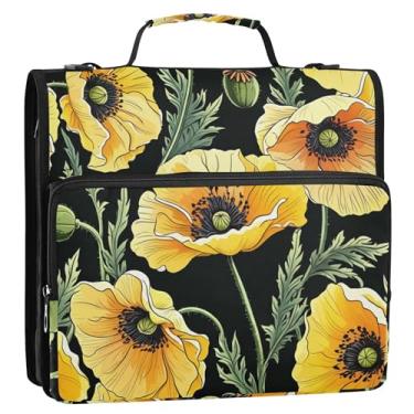 Imagem de Fichários de flor de papoula amarela preta de 3 cm 3 anéis, fichário de zíper resistente, fichário organizador com alça, bolsa escolar de ensino médio, vários bolsos, pasta grande para portfólio