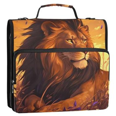 Imagem de Fichários grandes de 3,8 cm, 3 anéis, majestoso, leão, pôr do sol, crina dourada, fichário, organizador com zíper, estojo de armazenamento com alça e bolsa escolar
