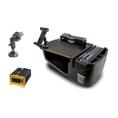 Imagem de AutoExec Mesa de carro Efficiency FileMaster para sua estação de trabalho de veículo e escritório móvel, mogno, com inversor de potência de 400 watts, suporte para tablet e suporte de telefone com
