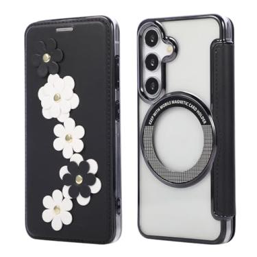 Imagem de Capa carteira para Samsung Galaxy S25, 3 compartimentos para cartão e anel magnético, bloqueio RFID, compatível com carregamento sem fio, traseira transparente, design floral de couro, proteção contra