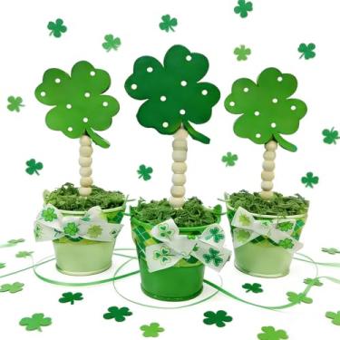 Imagem de RumonZS Lucky Shamrock Plantas artificiais em vasos, 3 peças com placa de madeira no suporte, decorações de mesa de madeira de musgo falso, tema do dia de São Patrício