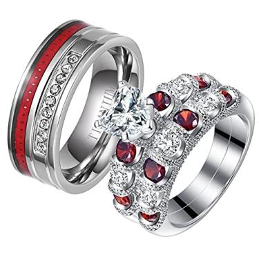 Imagem de ringheart 2 anéis de casal para ele e ela banhados a ouro branco corte coração CZ conjuntos de alianças de casamento femininas vermelho aço titânio masculino alianças de casamento, women size8 & men