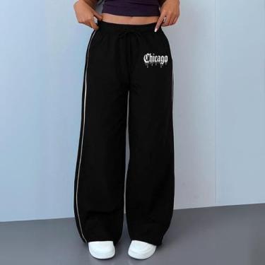 Imagem de Calça Reta Larga Preta Tactel Feminina Chicago Y2K Tecnosport - Estilo