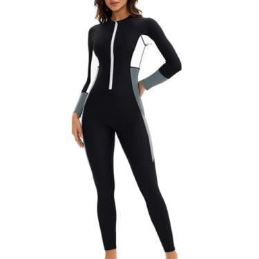 Imagem de HISETPFDE Maiô feminino com zíper frontal Rash Guard manga comprida controle de barriga surfe esportivo branco