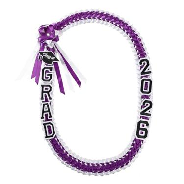 Imagem de Ftyfty Graduação Leis Class of 2025 Grad Handmade Ribbon Lei Colar de fita trançada dupla com letras graduadas, 129 cm (1, roxo e branco)