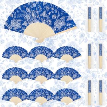 Imagem de FYSUIMU 12 peças de ventiladores de mão dobráveis florais azuis leques de mão ventilador de papel de flor chinoiserie azul branco com bolsa de organza para casamento, noiva, chá de festa de