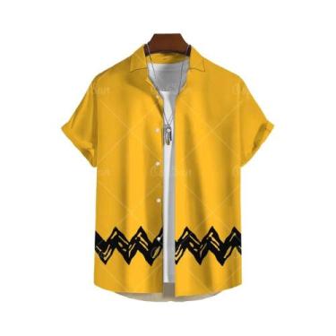 Imagem de Camisa Masculina Amarela Oversized Com Estampa Havaiana, Blusa Casual 