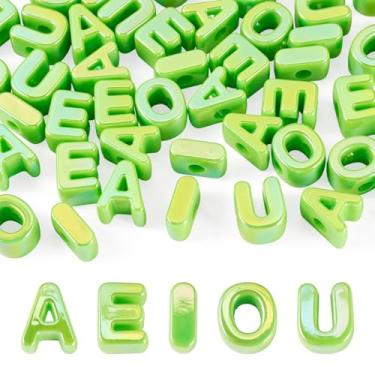 Imagem de Magibeads 50 peças de contas de letras vogais com 6 mm de furo grande iridescente letras 3D A E I O U contas grossas verdes do alfabeto para chaveiros colar, bolsa de artesanato DIY, kit de berloques