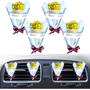 Imagem de 4 peças de buquê de flores fofas presilhas de ventilação para ambientador de carro. Mini buquê de flores secas para decoração de carro e casa clipe de ventilação automática aromatizador de ar (amarelo