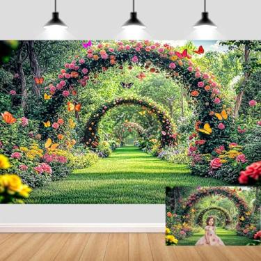 Imagem de JAWO Pano de fundo para fotografia de jardim encantado de primavera, fundo de borboleta floral de floresta de conto de fadas secreto para chá de bebê, festa de aniversário, casamento, quebra de bolo