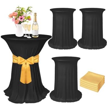 Imagem de Kochorie Conjunto de 4 capas de mesa de coquetel com faixa de cetim, saia redonda para mesa de coquetel de 81 x 109 cm, toalha de mesa elástica de elastano para decoração de festa de aniversário