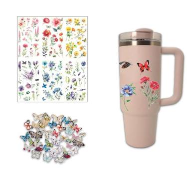 Imagem de 6 folhas de flores transparentes naturais e 40 peças de adesivos de borboleta realistas para decoração de copos Stanley, decalques de vinil personalizados à prova d'água fofos para copo DIY Begônia