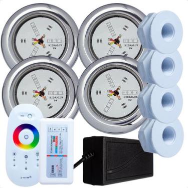 Imagem de Kit 4 Refletores Led 9w RGB Inox S e Comando para Iluminação Piscina F