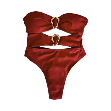 Imagem de Maiô Feminino Sexy Com Recorte Em Metal, Estilo Bandeau, Alta Cintura,
