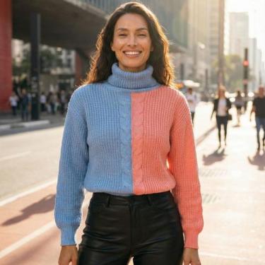 Imagem de Blusa Tricot Manga Longa Bicolor Texturizada - Vitrine Collection, Azu