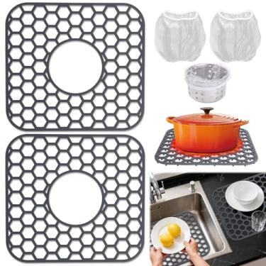 Imagem de juciasouul 2 peças de protetores de pia de silicone para pia de cozinha, tapete de pia de silicone de 31,5 cm × 29 cm com 2 telas de filtro, orifício de drenagem central, resistente ao calor