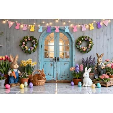 Imagem de Leowefowa Fundo de porta de celeiro azul páscoa 3 x 2,4 m parede de madeira de vinil ovos coloridos bandeira de coelho floral grinalda verde fundo Páscoa primavera feriado decorações de festa banner