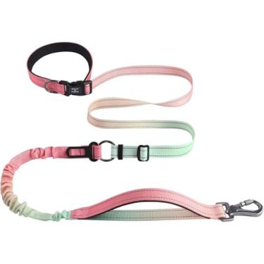 Imagem de Coleira de cachorro mãos livres para cães médios e grandes, resistente, sem puxão, para corrida, para treinamento de caminhada, com cinto de segurança de carro, 10 a 1,8 m (verde pó)