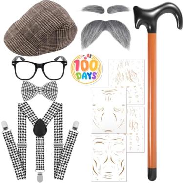 Imagem de Fabllewavi 8 peças fantasia de velho avô – chapéu, suspensórios, gravata borboleta, sobrancelhas, bigodes, óculos, crachá, tatuagem para cosplay, Xadrez Bk, Standard