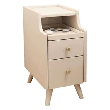 Imagem de Mesas de cabeceira de madeira, mesa de cabeceira com prateleira deslizante, mesa de canto estreita com 2 gavetas, economia de espaço, mesa de cabeceira para quarto de sofá