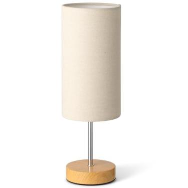 Imagem de Luminária de cabeceira pequena para mesa de cabeceira de quarto, sombra redonda de linho e base de madeira, lâmpadas noturnas minimalistas rústicas para cômoda, sala de estar, escritório, leitura de