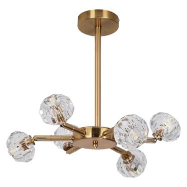 Imagem de GreeLustr Lustre de cristal luminária de teto, lustres Sputnik de 6 luzes ouro escovado lustre de meados do século sobre mesa, lustres ajustáveis para sala de jantar, sala de estar, cozinha ilha