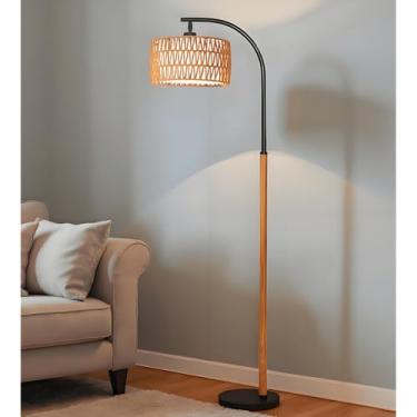 Imagem de FINNCHY Luminária de chão boho marrom preta de 165 cm para sala de estar, luminária de chão de arco de vime de 3 níveis de brilho de 1200 lúmens para quarto, lâmpada de pé de arco moderna de meados do