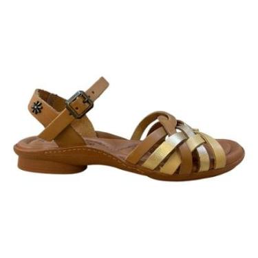 Imagem de Sandalia Feminino New Face Ultraconforto Casual Tiras Antiderrapante Couro 37362 Dourado-Feminino