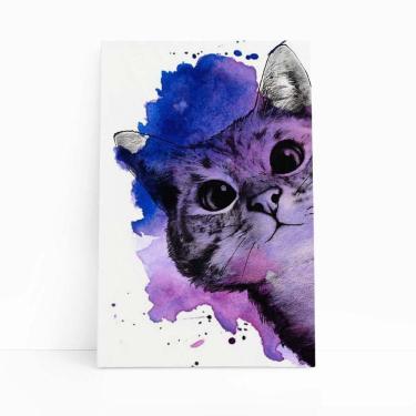 Imagem de Gato Pet Animais Arte Aquarela Roxo Quadro Canvas 60X40Cm