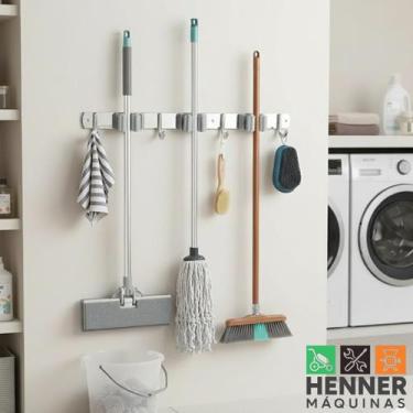 Imagem de Suporte Gancho Inox Pendurar Vassoura Pá Rodo Mop 7 Posições - Henner