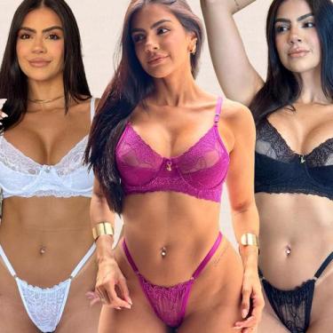 Imagem de Kit 3 Conjuntos Renda Meia Taça Laura Tamanho:GGCor:Preto Fúcsia Branc