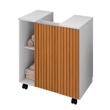 Imagem de Gabinete Para Banheiro 55cm 1 Porta Com Rodízios Pequin Branco/ripado - Bechara