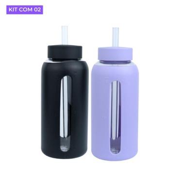 Imagem de Kit com 2 Garrafa de Vidro 800ml Com Alça Garrafinha de Água Portátil 