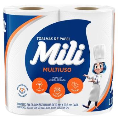 Imagem de Toalha de Papel Mili 2 Rolos (2x55) 110 Folhas 100% Celulose Virgem Alta Absorção