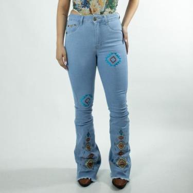 Imagem de Calça Jeans Feminina Delavê Flare Bordada Jade Estampada Moda Country 