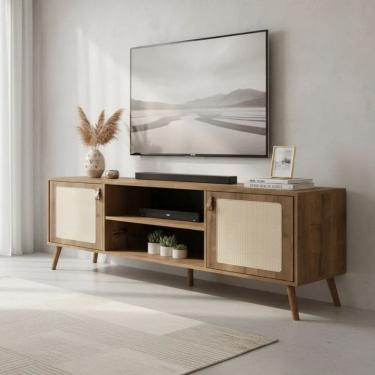 Imagem de Rack Viena Com Pés De Madeira Tela Natural e Couro 160cm