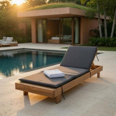 Imagem de Conjunto Espreguiçadeira de Piscina Maju Madeira Colchonete Waterblock Reclinável Chumbo Dkadidecor